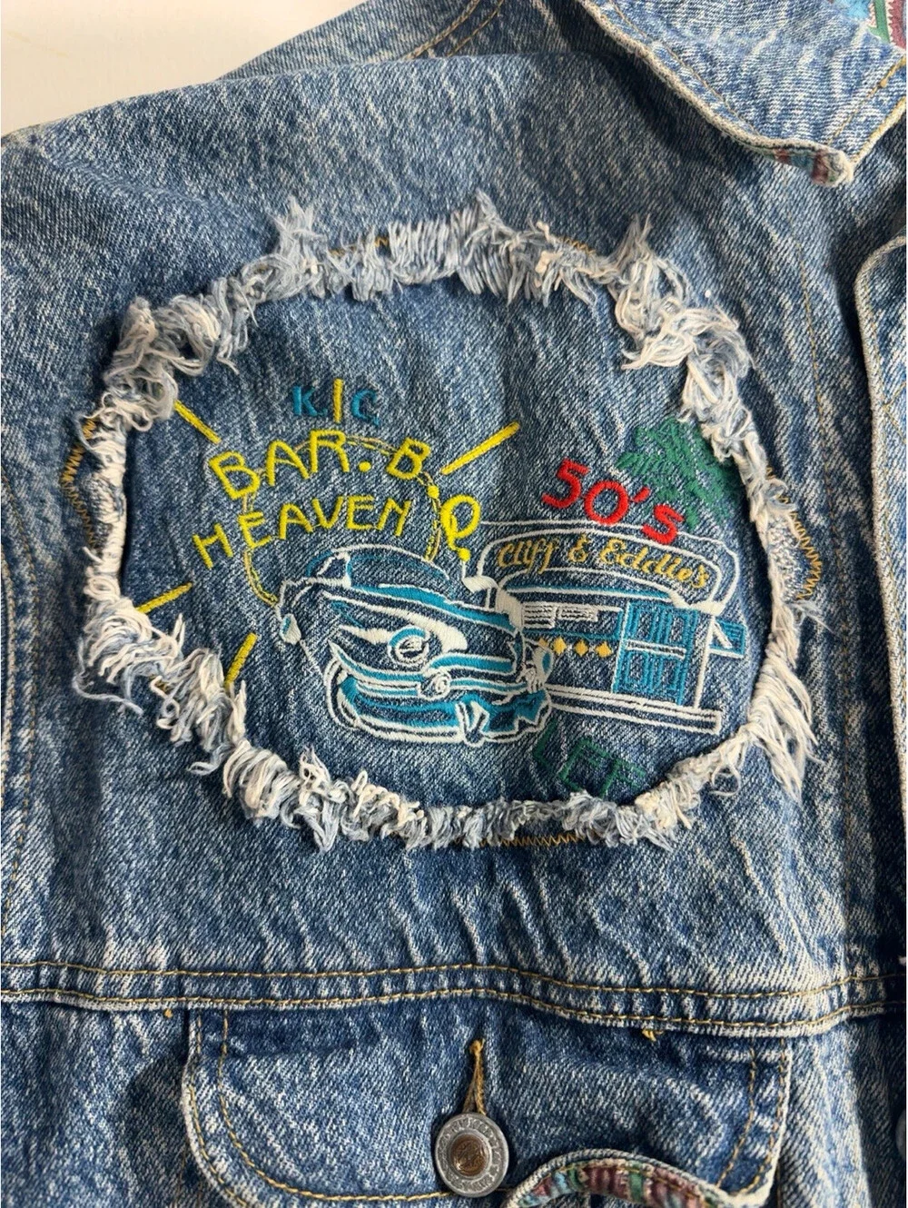 Vintage 1980 Lee Denim Trucker Jacket Highly Unique,Distressed,Embroidery Sz XL